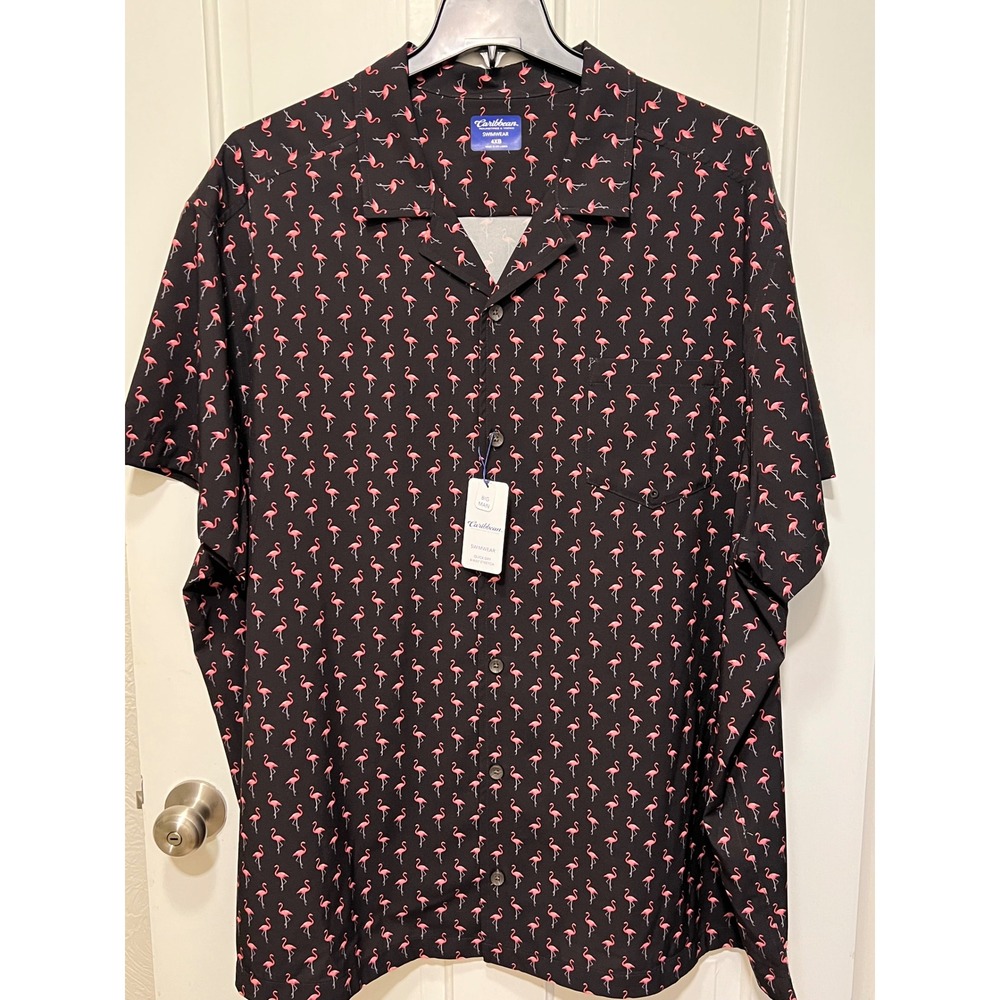 Caribbean Roundtree & Yorke Men 4XB Flamingo Print Short Sleeve Shirt Black NWT
